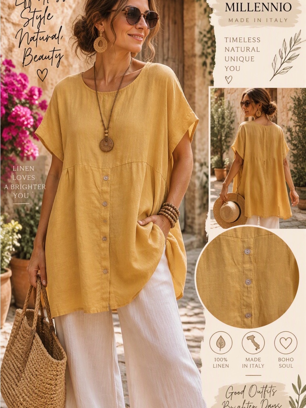 Terzo Millennio 100% Linen Button-Back Tunic Top Yellow Medium